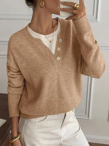 Vista 6 de SOLY HUX Suéteres Pullover para Mujer de Manga Larga con Botones Cuello Redondo 2 en 1 Tops de Punto Holgados Albaricoque y Beige