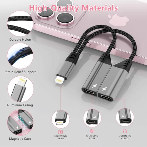 Vista 6 de Divisor de cable magnético 2 en 1 para iPhone a conector de audio Lightning dual para auriculares y cargador, adaptador de convertidor