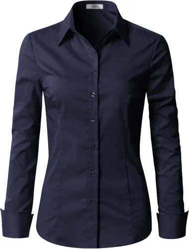 Vista 15 de EZEN - Blusa de manga larga, ajustada, elástica, con cuello de botones para mujer, para oficina, estilo formal, casual