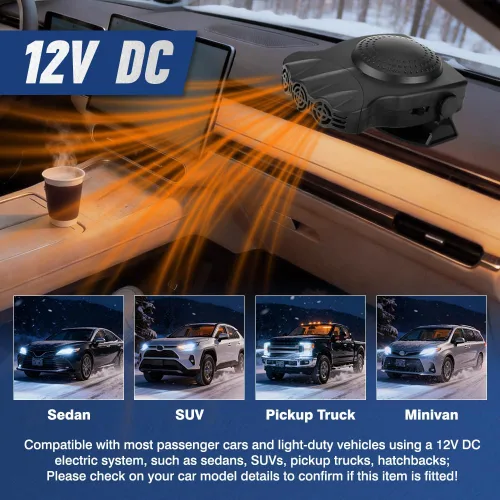 Vista 7 de MASO Calentador de automóvil, desempañador portátil de 12 V 150 W con ventilador de calefacción/refrigeración y encendedor de cigarrillos
