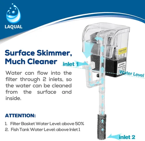 Vista 6 de LAQUAL Filtro de acuario de 5 galones con desnatador de superficie, pequeño filtro silencioso para peces, filtración de algodón bioquímico y flujo