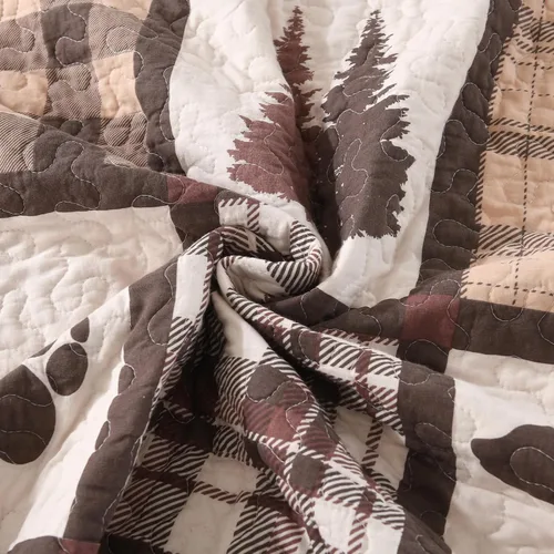 Vista 14 de Juego de edredón 100% algodón, tamaño Queen, juego de ropa de cama de retazos marrón y blanco, colcha rústica con patrón de oso de cabaña, colcha