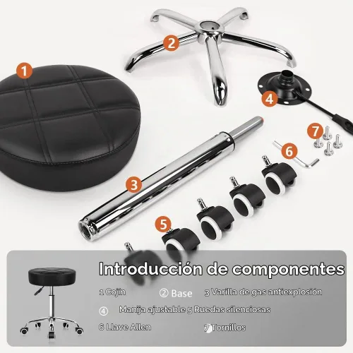 Vista 7 de KKTONER Taburete redondo con ruedas de cuero PU ajustable giratorio de Negro