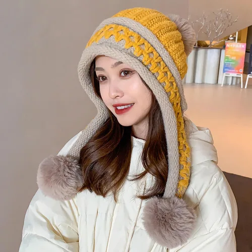 Vista 6 de HUAMULAN Gorro de invierno para mujer, con orejeras, con solapas, sherpa, esquí, nieve, forro polar, 3 pompones