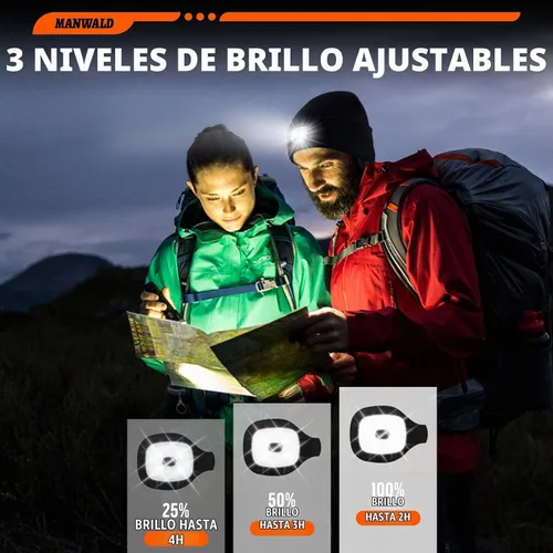 Vista 2 de MANWALD Gorro de LED con luz, gorro con linterna recargable por USB, regalos para Navidad, calcetines de navidad para hombres, Negro, Talla única