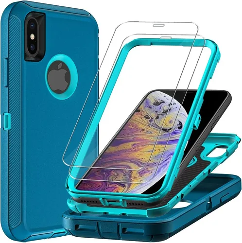 Vista 8 de Funda para iPhone Xs Max con 2 protectores de pantalla de vidrio templado, grado militar 3 en 1, resistente a prueba de golpes, caídas y polvo