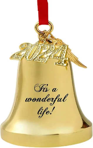 Vista 8 de JUPPE It's A Wonderful Life Adorno de campana de Navidad, adorno de campana dorada grabada con ala de ángel y dije 2025 (dorado)