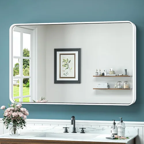 Vista 64 de TokeShimi Espejo de pared de baño de níquel cepillado de 20 x 30 pulgadas, marco de metal, esquina redonda, rectangular, para decoración del hogar