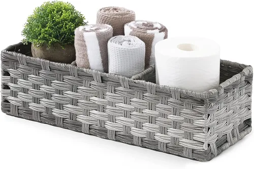 Vista 8 de [Compartimentos más grandes] Cesta de papel superior del tanque de inodoro - Cesta de mimbre de plástico multiusos tejida a mano con divisor