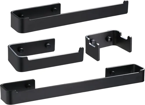 Vista 8 de Juego de accesorios de baño negro de 4 piezas, barra de toalla/soporte de papel higiénico/soporte para toallas de mano/gancho de toalla, montado