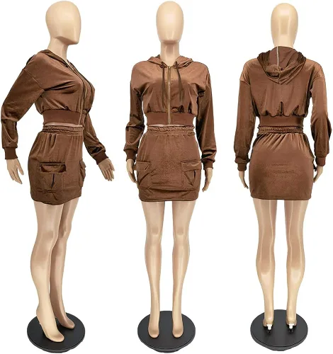 Vista 4 de Remelon Conjunto de 2 piezas con capucha de terciopelo y cremallera completa para mujer, con bolsillos, falda ajustada