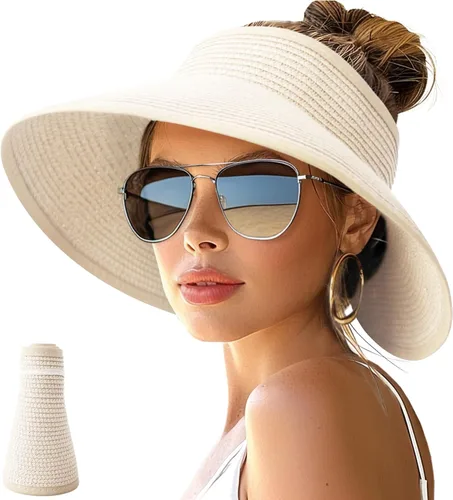 Vista 20 de NPJY Sun Hats for Women Wide Brim Roll-Up Ponytail Packable Straw Visor Blanco