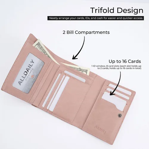 Vista 2 de Alldaily Billetera pequeña con bloqueo RFID, billetera delgada para tarjetas de crédito con bolsillo con cremallera, Rosado oscuro, Compacto