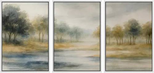 Vista 101 de SIGNWIN Lienzo enmarcado para pared, juego de arte sereno de pantanos con humedales verdes e ilustraciones de agua tranquila, arte moderno