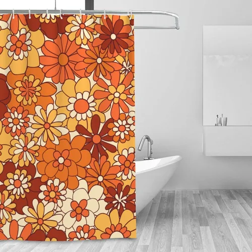 Vista 2 de Ohocut Cortina de ducha floral naranja, cortinas de ducha retro bohemias para baño, bonitas cortinas de baño de flores geniales, cortina de ducha