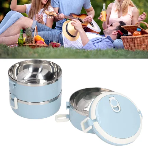 Vista 9 de Lonchera térmica de acero inoxidable de 3 niveles para adultos, oficina, campamento, apilable, de acero inoxidable, con compartimento térmico