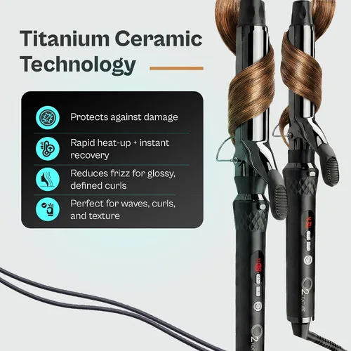 Vista 2 de O2TEXTURE - Juego profesional de rizadores intercambiables de cerámica de titanio con doble barril, mango de control digital y guantes protectores
