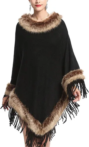 Vista 2 de PUWEI - Poncho de piel de zorro sintético con borla para mujer