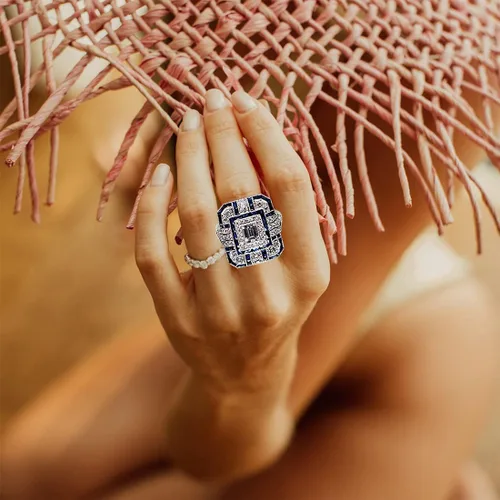 Vista 2 de Big Dainty - Anillo grueso de dedo completo con zrionias cúbicas completas, chapado en platino, grande, exagerado cóctel, fiesta, declaración