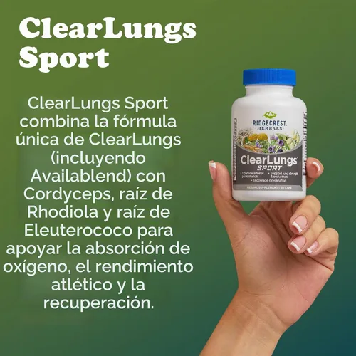 Vista 5 de RidgeCrest Herbals ClearLungs Sport para oxigenación, resistencia y rendimiento atlético - 60 cápsulas veganas