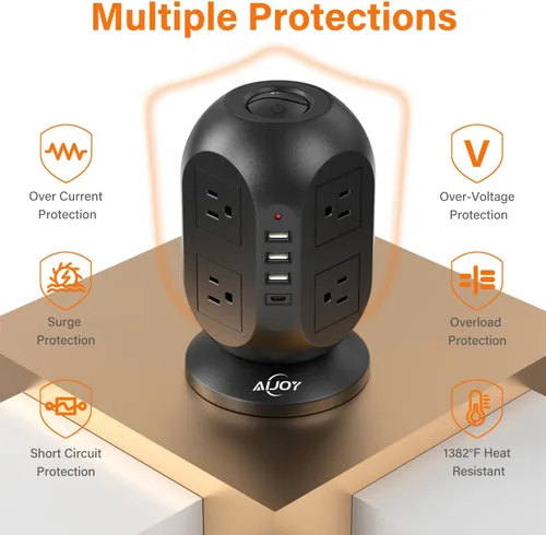 Vista 6 de AiJoy Torre de regleta de protección contra sobretensiones con 8 tomas, 4 puertos USB (1 USB-C), cable de extensión plano de 10 pies con múltiples