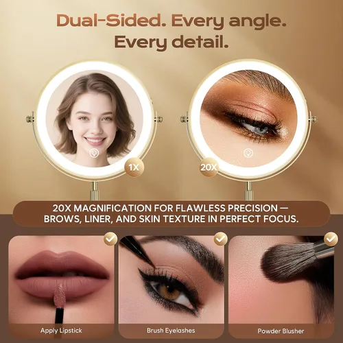 Vista 4 de Espejo de maquillaje con luces, 1x/20x 360°, espejo de maquillaje iluminado ajustable con brillo, espejo de maquillaje con aumento, espejo