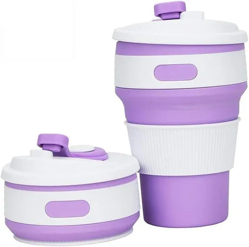 Vista 8 de Fullgaden Taza de viaje plegable de silicona, taza portátil con tapa, agua, café, coca cola y aperitivos para senderismo, campamento, picnic, azul