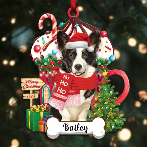 Vista 106 de Akita1 - Adorno personalizado para perro, adorno de perro con nombre personalizado, plano impreso en 2D, acrílico colgante, Papá Noel y perro