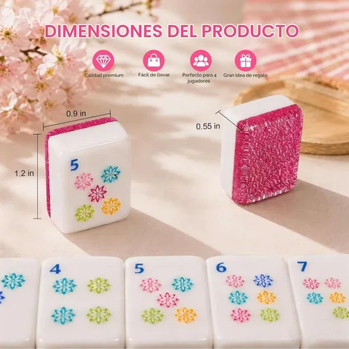 Vista 4 de Mahjong - Juego de azulejos de 160 unidades, acrílico rosa brillante