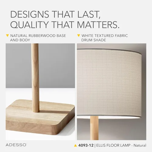 Vista 5 de Adesso Lámpara de pie con base de madera de caucho natural y pantalla de lino blanco, brillo ajustable de 3 vías, lámpara para dormitorio, sala