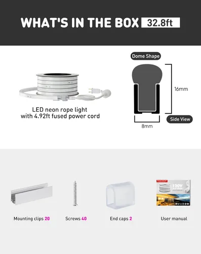 Vista 7 de Shine Decor cuerda de luces LED AC 120V, tira de neón eco de 120LEDs/M sin puntos, conectable y cortable, ETL IP65 impermeable y resistente a