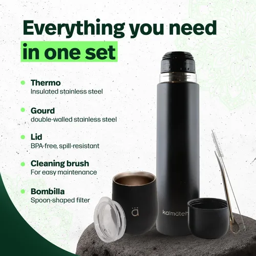 Vista 5 de Kalmateh Yerba Mate Gourd 8oz y botella aislada al vacío de 33.8 fl oz, incluye vaso mate, frasco de doble pared, popote bombilla, cepillo de Negro