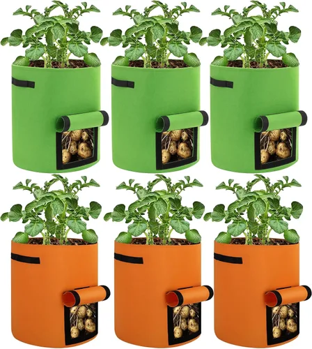 Vista 8 de Paquete de 6 bolsas de cultivo de papas, bolsas de plantación de 10 galones, macetas grandes de tela con ventana de solapa, maceta de jardín, Negro