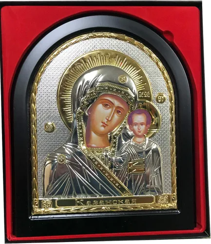 Vista 2 de handmade Icono ortodoxo ruso La Virgen María de Kazán en Revetment - Riza de metal plateado (Oklad) con caja de regalo