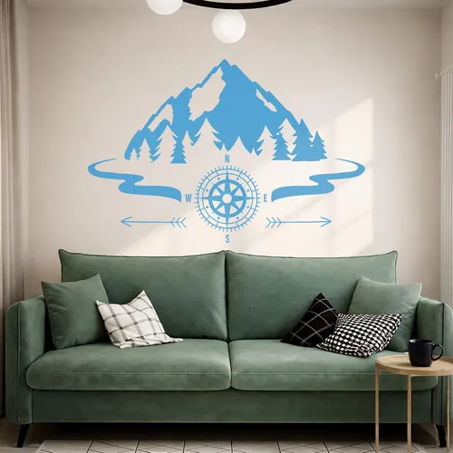 Vista 6 de Vinilo grande para pared, diseño de montañas, brújula, camping, bosque, campamento, decoración artística (ig5651)