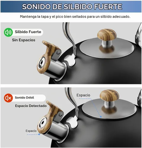 Vista 4 de Hervidor de té silbante de 2.6 cuartos de galón para estufa, de acero inoxidable de grado alimenticio con mango de madera con patrón fresco Negro