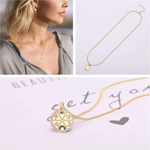 Vista 5 de Aobei Pearl Collar chapado en oro de 18 quilates con dije de cruz de corazón, corazón, estrella, león, mal de ojo, amor, medallón, clip de papel