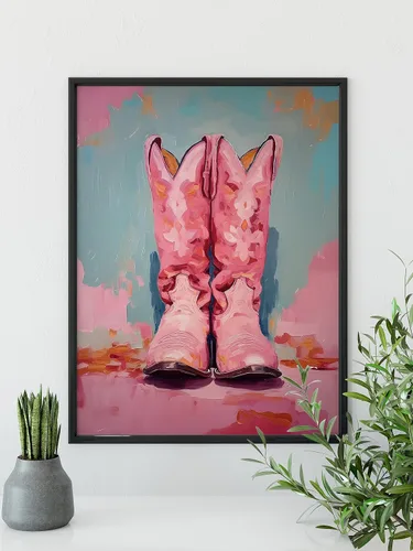 Vista 6 de TwoDays Botas de vaquera rosadas para decoración de habitación, pinturas femeninas del oeste para apartamento, botas de vaquero costero, impresiones