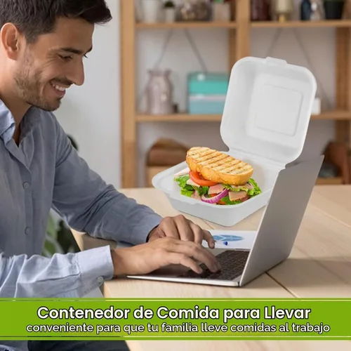 Vista 3 de greensight Envases para llevar desechables 6x6, paquete de 100 envases para alimentos en forma de concha, cajas compostables para llevar, envases