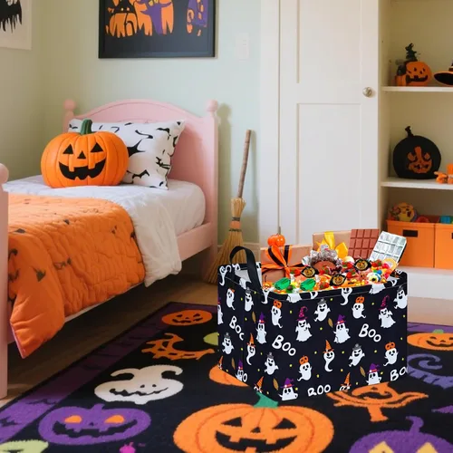 Vista 4 de Rec - Cesta de almacenamiento de fantasmas de Halloween, plegable, organizador de regalo, cestas para almacenamiento en el hogar y la cocina. Boo