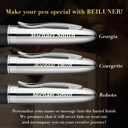 Vista 2 de BEILUNER 318 - Bolígrafo de cuero de lujo personalizado, cuero negro premium cosido a mano, acabado cromado, repuesto Schmidt, elegante set