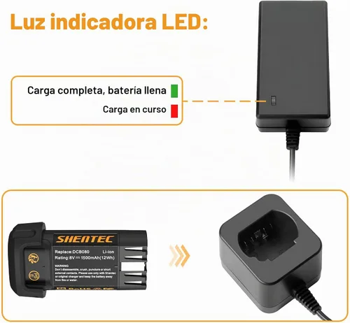 Vista 2 de Shentec Kit de batería de 1500mAh 8V compatible con DEWALT DCB080