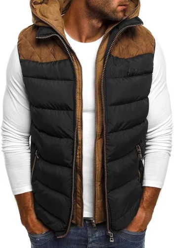 Vista 64 de WENKOMG1 Chaleco con capucha con doble cremallera para hombre, abrigo de color sólido, abrigo cálido y grueso, sin mangas, chaqueta suelta