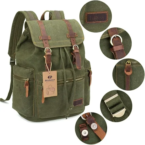 Vista 3 de Bluboon Mochila vintage con ribete de cuero casual para hombres y mujeres, mochila de viaje para computadora portátil