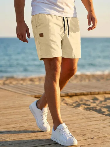 Vista 5 de JMIERR Pantalones cortos casuales de algodón con cordón de verano para la playa de sarga elástica chino golf corto con bolsillos Beige