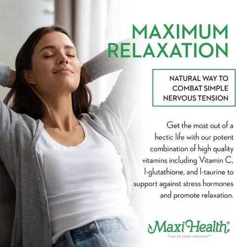 Vista 4 de Maxi Health - Relax to The Max Stress Relief Formula (60 unidades) Cápsulas con vitamina C, calcio, L-teanina, L-taurina y aminoácidos - Todos