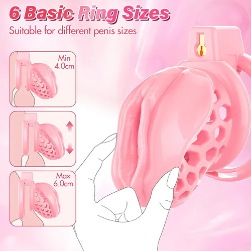 Vista 3 de Jaula de castidad masculina – Jaula de pene suave y ligera con vagina y clítoris realistas y anillos de 6 tamaños, cómodo dispositivo de castidad