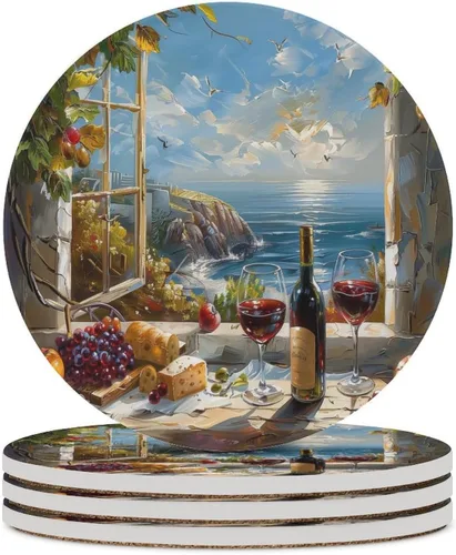 Vista 28 de 4 posavasos de vino tinto, cuadrados y modernos posavasos absorbentes de cerámica, estilo de pintura al óleo, vintage, vino tinto, uvas, rosa