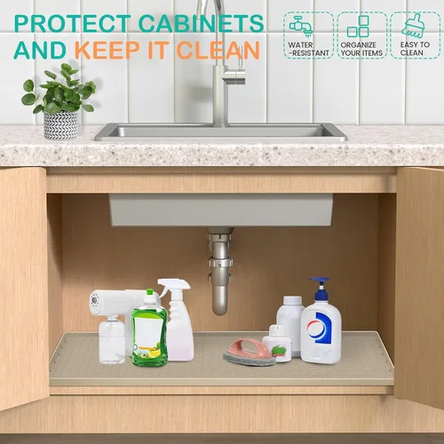 Vista 4 de Tapete impermeable para debajo del fregadero de 22 x 19 pulgadas, forro de silicona para gabinete, protector de goma para cocina y baño, mantiene