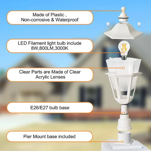 Vista 3 de FUDESY Luz de poste para exteriores, lámpara blanca para exteriores con base de montaje en muelle, lámpara de poste impermeable con enchufe E26